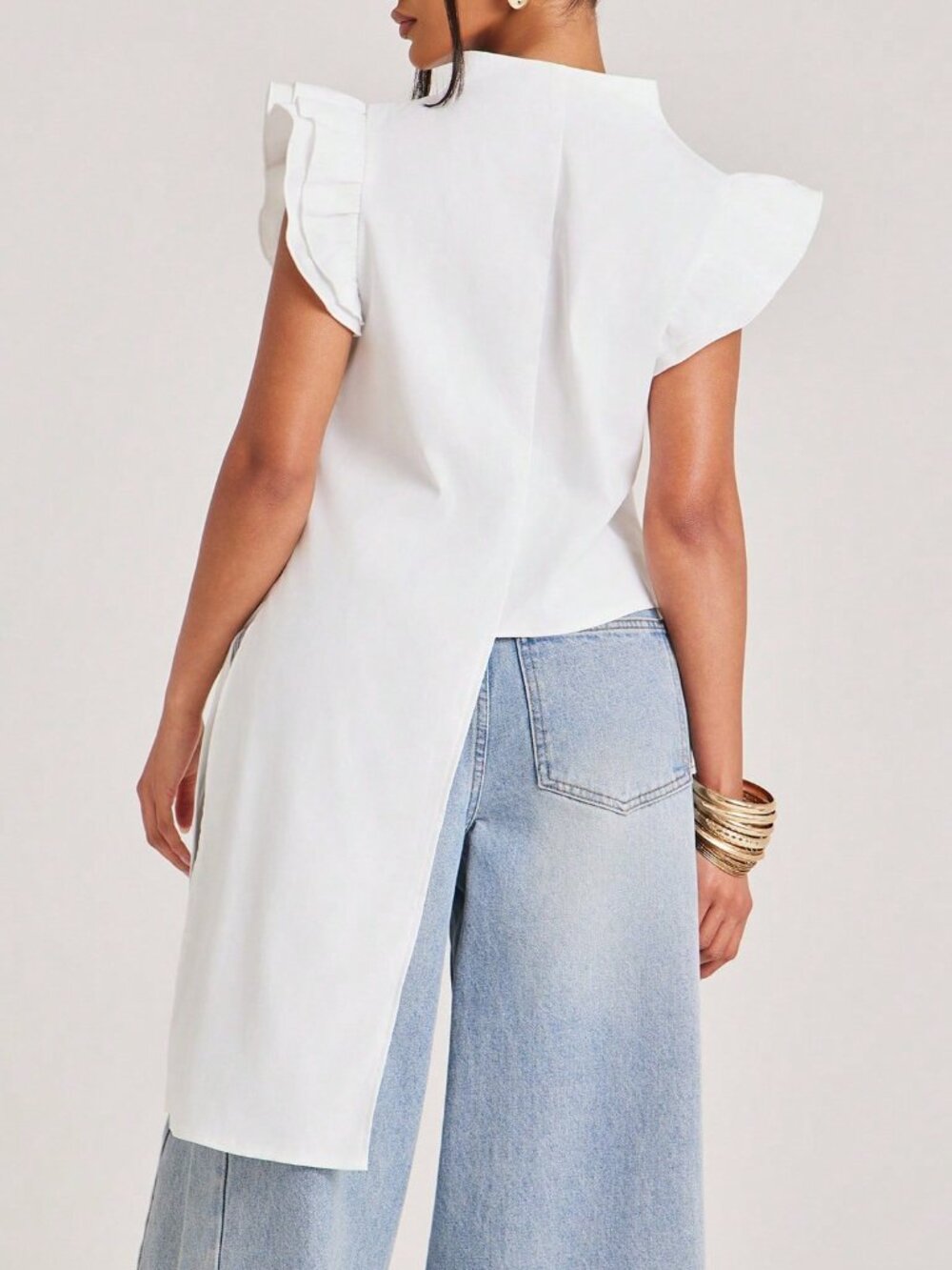 White Casual Women's Ruffle Asymmetrical Long Plain Regular Fit Top - Picture 2 of 7